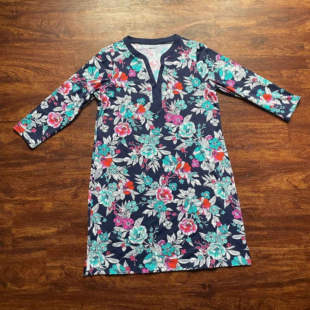 Land's End long sleeve navy and floral swimsuit coverup
